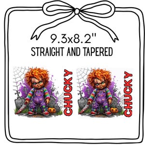 May include: A Halloween-themed design featuring two images of the Chucky doll with a knife, set against a graveyard backdrop. The design includes the text "CHUCKY" in red and the dimensions 9.3 x 8.2 inches.