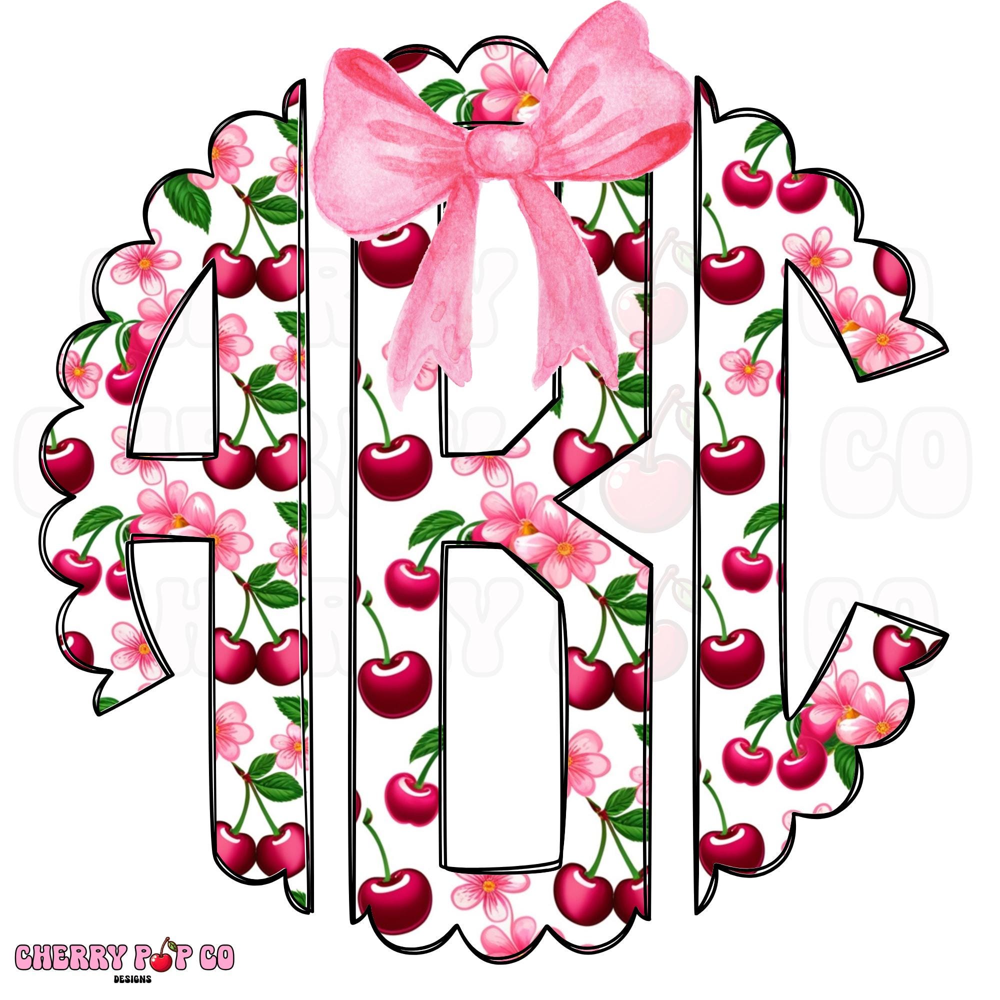 Cherry Monogram PNG: Scalloped Letter with Pink Bow (Digital Download)