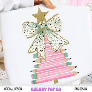 Pencil Christmas Tree PNG, Preppy Teacher, Floral Coquette (Digital Download)