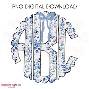Descarga digital PNG de monograma festoneado de toile azul, alfabeto de letras garabateadas, descarga digital PNG