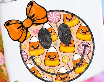 Retro Candy Corn Smiley T-Shirt Design: Halloween Smile Face, Coquette Bow, Digital Download