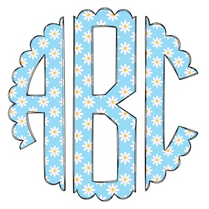 Monograma festoneado azul margarita PNG, descarga digital, alfabeto de letras doodle, descarga digital PNG