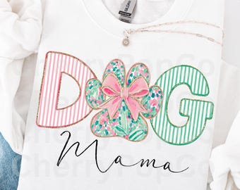 Dog Mama Coquette PNG, Letras con lazo floral estilo preppy, Regalo para amantes de las mascotas, Descarga digital
