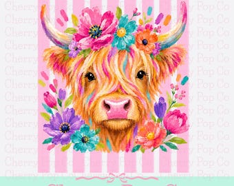 Floral Highland Cow PNG, Colorful Boutique Farm Animal Graphic (Sublimation)