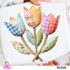 Patchwork Tulip PNG, Fabric Applique Floral Bouquet Sublimation Shirt Design, Digital Download