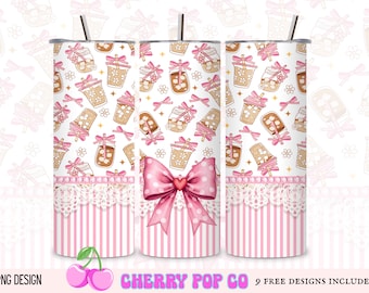 Coquette Coffee Tumbler Wrap PNG, Pink Bow 20oz Skinny Tumbler Sublimation Digital Download
