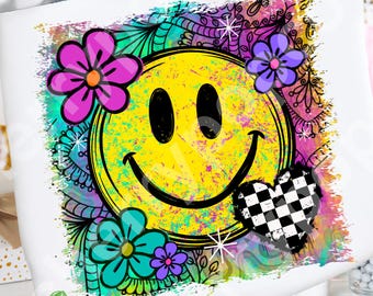 PNG de carita sonriente grunge, sublimación de flores retro, descarga digital