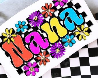 Groovy Nana PNG、カラフルなレトロな花柄のチェッカーボードおばあちゃんのデジタルダウンロード