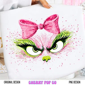 Sassy Grinch Girl Face PNG: Pink Glitter Bow, Coquette T-Shirt Design (Digital Download