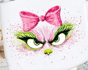 PNG de la cara de una chica Grinch atrevida: Lazo rosa brillante, diseño de camiseta coqueta (descarga digital)