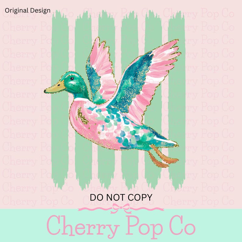 K&ouml;nnte beinhalten: Bunte Illustration einer fliegenden Ente mit rosa, t&uuml;rkis und goldenen Akzenten. Die Ente befindet sich vor einem Hintergrund aus gr&uuml;nen Streifen auf rosa Grund. Der Text "Cherry Pop Co" steht unten.