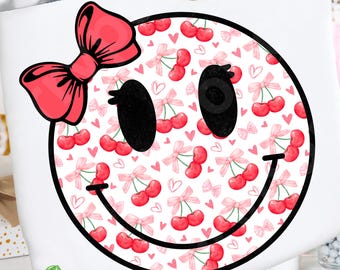Coquette Smiley Face,  Cherry Sublimation T-Shirt Design PNG,  Happy Face Digital Download