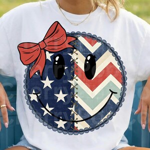 Patriotic Smiley Face PNG, Patchwork Coquette Bow, Retro 4th of July Digital Download