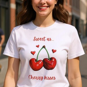 Cherry Kisses T-Shirt | Sweet Love Heart Tee | Valentine&#39;s Day Romantic Gift | Cute Fruit Graphic | Anniversary Present | Unisex Sweetheart