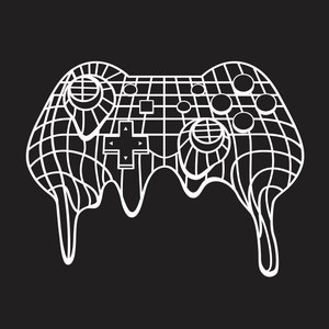 Könnte beinhalten: Eine weiße Umrandung eines Videospiel-Controllers mit einem Tropfeffekt. Der Controller hat einen kreuzförmigen Knopf, zwei runde Knöpfe und ein Richtungskreuz.