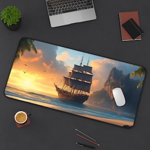 Ocean Sunset Piratenschiff Schreibtischunterlage 2 | Nautisches Home Office Dekor, Gamer Zubehör, Geschenk für Segler, Küsten Vibe