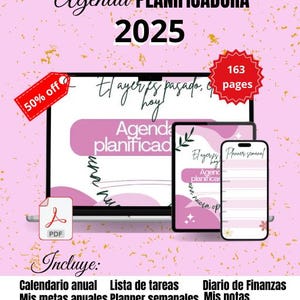 Puede incluir: Agenda digital para 2025, mostrada en un portátil, una tableta y un smartphone. El diseño presenta una combinación de colores rosa y blanco con el texto "Agenda Planificadora 2025". Incluye una descarga PDF y un control del estado de ánimo.