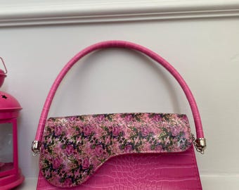 Handmade Floral Patterned Pink Handbag with Decoupage Method. Candy Pink Croc Handbag for Women. Perfect Gift for Valentine's Day.