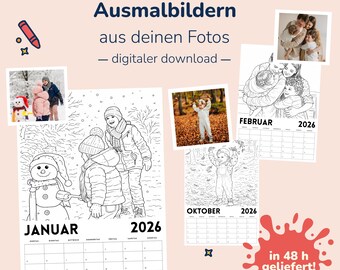 Personalisierter Ausmal-Kalender aus Fotos | Kalender mit 12 Malvorlagen | Familien- & Kinderkalender | Digitaler Download