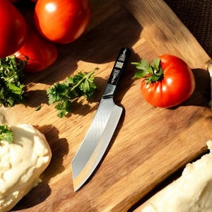 May include: A wooden cutting board with a silver knife, tomatoes, parsley, and white cheese.