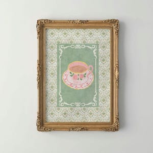 Arte de parede vintage para xícaras de chá, estampa floral rosa para xícaras de chá, pôster de cozinha chique e surrada, decoração Grandmillienel em tons pastel, arte imprimível Cottagecore