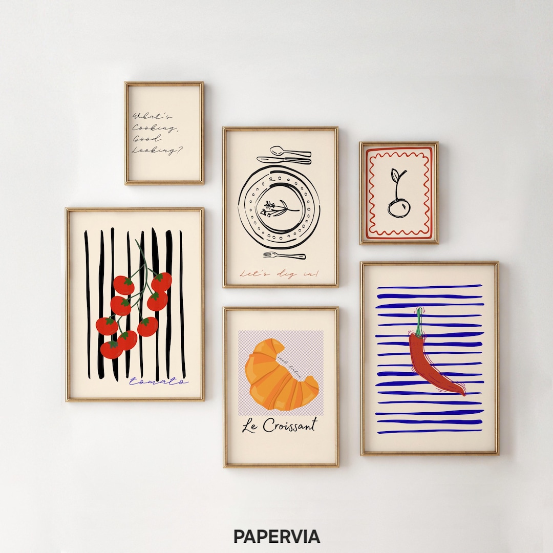 Kitchen Wall Art Set of 6, Minimalist Food Prints, Cute Dining Room ...