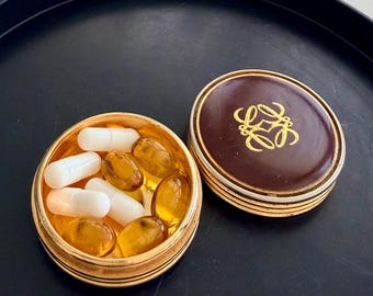 Vintage Loewe Pill Box 1980s — Gold-Tone Metal Burgundy Enamel — Anagram Trinket Box — Travel Case