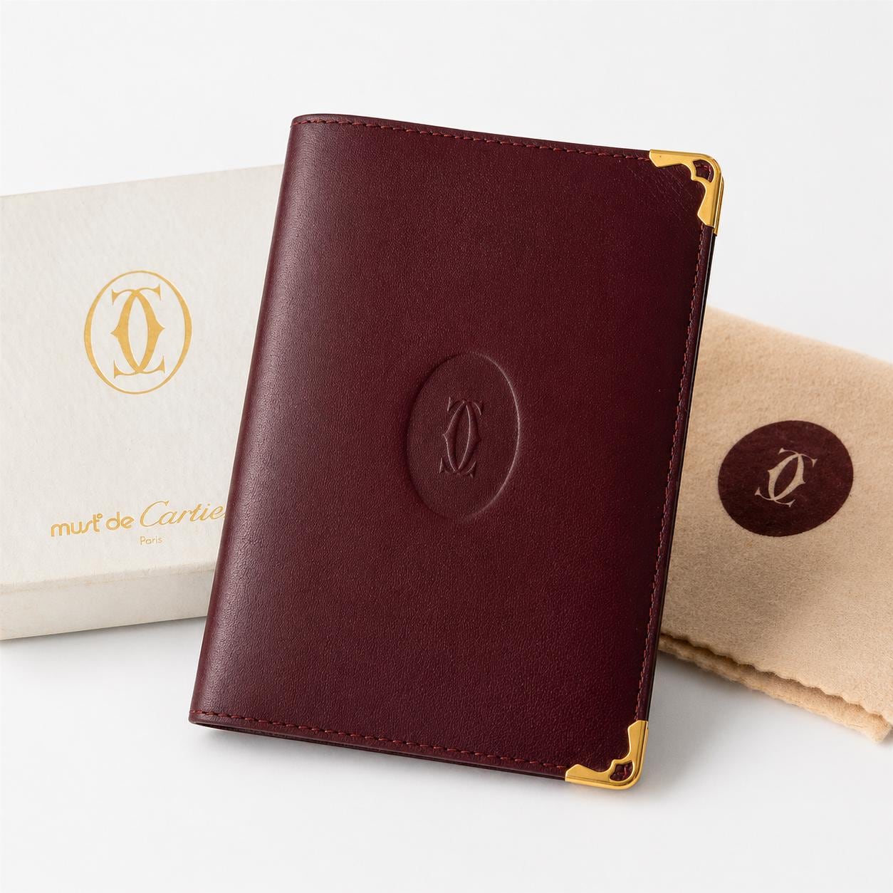 Vintage Must De Cartier Wallet 1980s Burgundy Leather Gold 