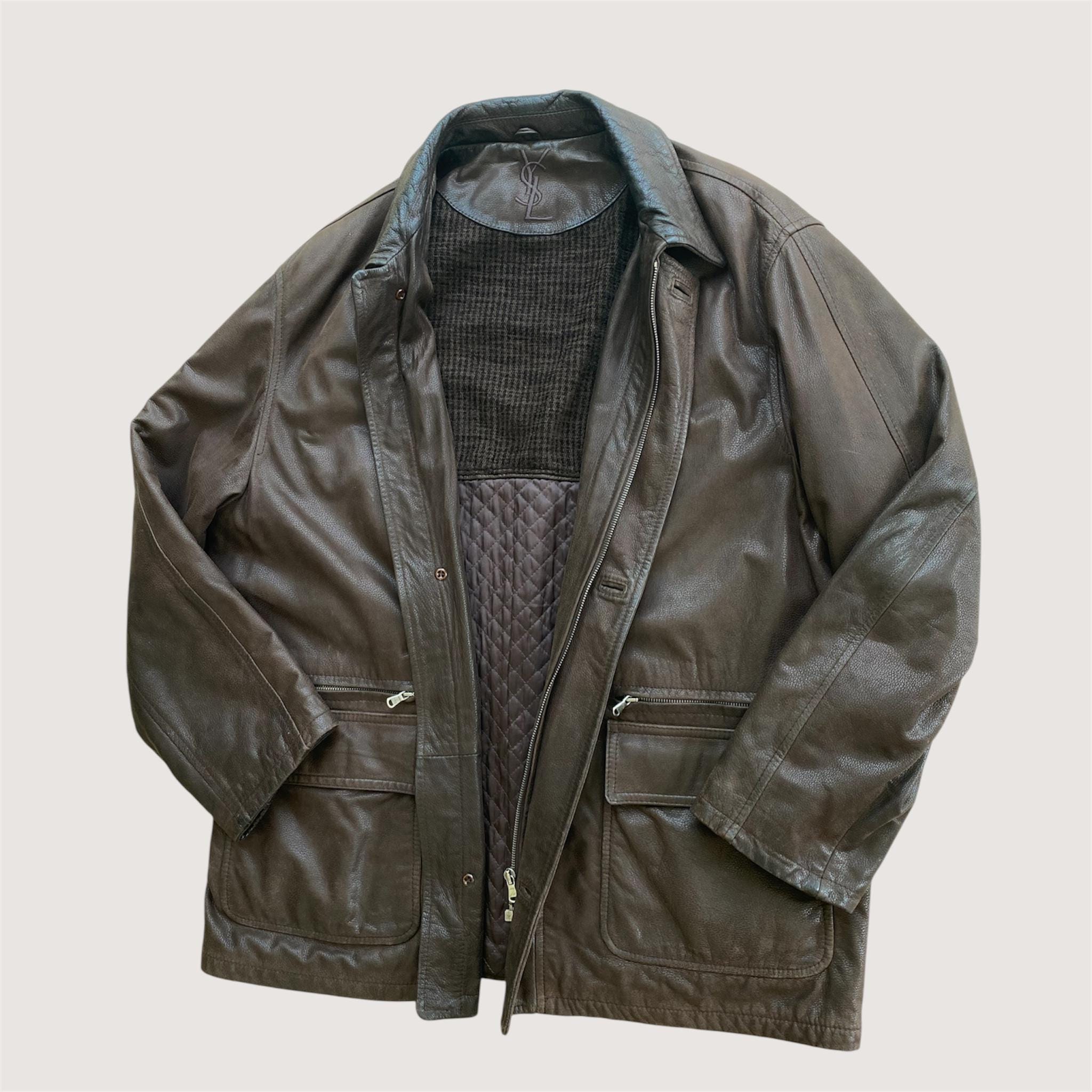 Vintage Yves Saint Laurent Leather Jacket 1980s - Brown YSL Coat