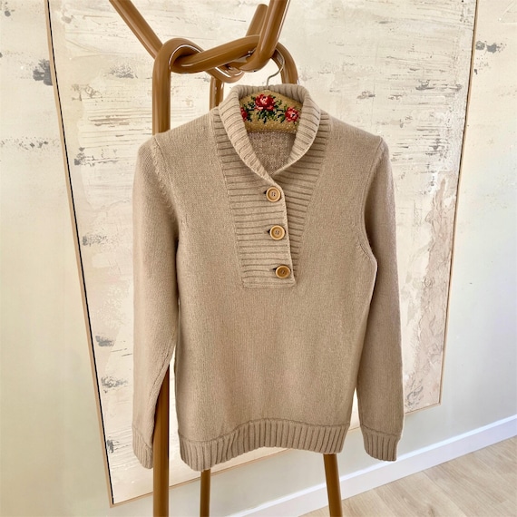 Loewe, Vintage Loewe Cashmere Sweater 1990s — Beige — Shawl Collar — Luxury Knitwear