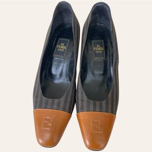 Vintage Fendi Heels: Brown Leather Cap Toe, Striped Textile (Size 38.5)