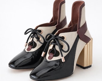 Vintage Christian Dior Lace-Up Heels 1990s EU 36 — Patent Leather & Canvas — Sculptural Block Heel