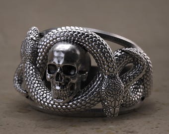 Doppelkopf Schlange Totenkopf Ring 925 Sterling Silber Handgemachter Herren Schmuck, Schlange Tod Symbol Band, Dark Fantasy Statement Ring Geschenk