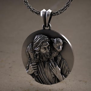 Silver Jesus Shepherd Men Necklace, Silver Christian Pendant, Men Religious Jewelry, Solid Silver Jesus Medallion, Catholic Jesus Mens Charm
