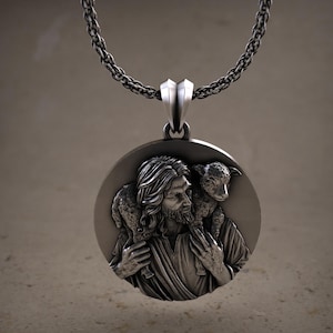 Jesus Shepherd Pendant, Sterling Silver Jesus Men Necklace, Christian Pendant, Religious Gift Catholic Jewelry, Boyfriend Birthday Gift