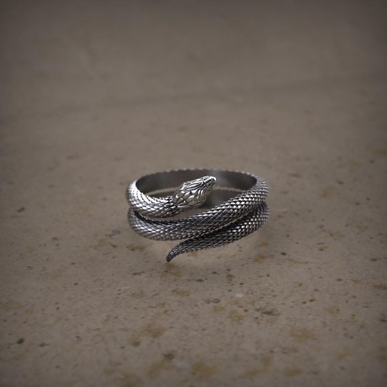 K&ouml;nnte beinhalten: Ein silberner Schlangenring mit einem detaillierten Kopf und Schuppen. Die Schlange ist um sich selbst gewickelt und bildet einen Kreis.