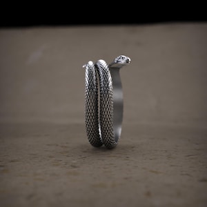 K&ouml;nnte beinhalten: Silberner Schlangenring mit einem gewundenen Design. Der Kopf der Schlange ist erhoben und der Ring ist aus strukturiertem Metall.