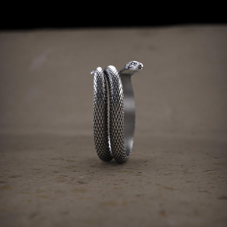 K&ouml;nnte beinhalten: Silberner Schlangenring mit einem gewundenen Design. Der Kopf der Schlange ist erhoben und der Ring ist aus strukturiertem Metall.