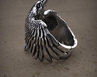 Silver Viking Raven Ring, Handmade Crow Ring, Norse Mythology Ring for Men, Viking Jewelry for Gift, Odin's Ravens Hugin and Munin Ring