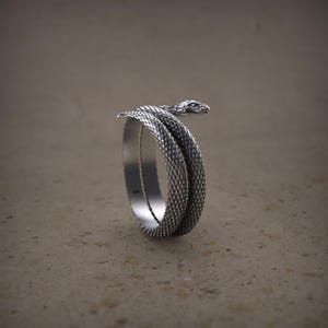 K&ouml;nnte beinhalten: Ein silberner Schlangenring mit einem gewundenen K&ouml;rper und einem detaillierten Kopf. Der Ring ist aus Metall und hat eine strukturierte Oberfl&auml;che.