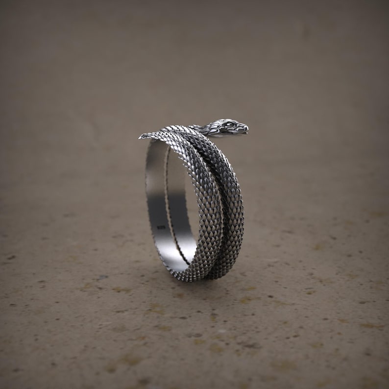 K&ouml;nnte beinhalten: Ein silberner Schlangenring mit einem gewundenen K&ouml;rper und einem detaillierten Kopf. Der Ring ist aus Metall und hat eine strukturierte Oberfl&auml;che.