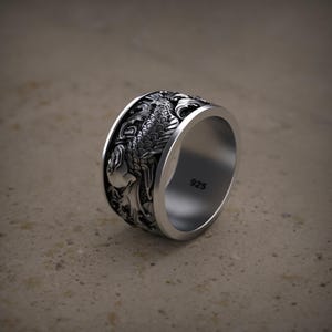 Japanese Dragon Koi Fish Ring for Men, 925 Sterling Silver Handmade Oxidized Statement Band, Mythical Animal Jewelry, Yin Yang Gift