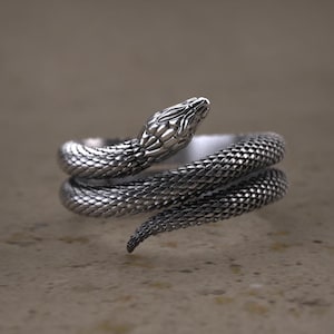 K&ouml;nnte beinhalten: Ein silberner Schlangenring mit einem detaillierten, strukturierten Design. Die Schlange ist um den Ringband gewickelt, mit dem Kopf erhoben und nach vorne gerichtet.
