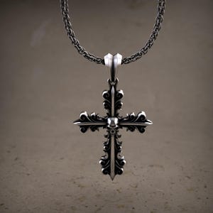 Skull On Cross Minimalist Necklace, Sterling Silver Gothic Jewelry, Latin Cross Fleuree, Gothic Skull Silver Cross Necklace, Memorial Gift