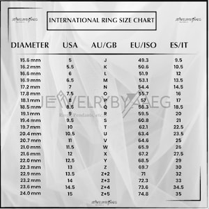 K&ouml;nnte beinhalten: Eine Tabelle mit internationalen Ringgr&ouml;&szlig;en in Millimetern, US-Gr&ouml;&szlig;en, australischen/britischen Gr&ouml;&szlig;en, europ&auml;ischen/ISO-Gr&ouml;&szlig;en und spanischen/italienischen Gr&ouml;&szlig;en.