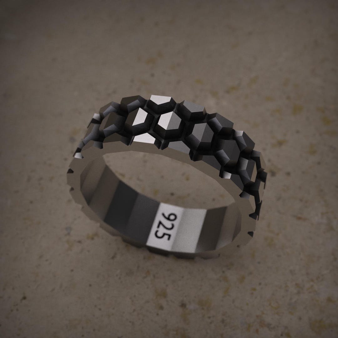 Modern Brutalist Geometric Ring in 925 Sterling Silver, Stacked Hexagon ...