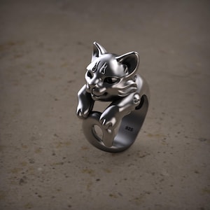 Adjustable Sterling Silver Cat Ring, Handmade Feline Animal Band, Cute Pet Jewelry Gift, Minimalist Silver Ring For Cat Lovers Women