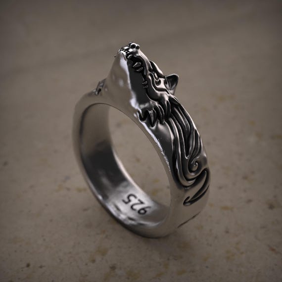 925 Sterling Silver Fierce Wolf Ring, Handmade Fantasy Beast Jewelry, Tribal Wolf Head Ring For Men, Dark Nature Inspired Ring