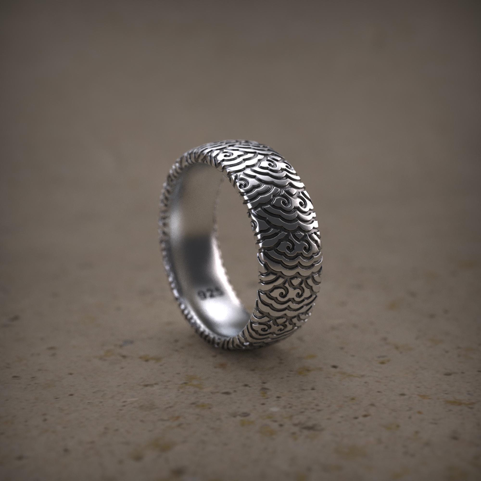 Japanese Men Band Ring, Japan Ornament Flower Band Ring for Men, Sterling Silver Wedding Band Ring, Floral Ring for Men, Classic Men Ring