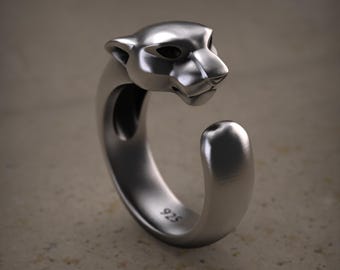 925 Sterling Silver Panther Head Ring – Minimalist Animal Design Band, Fierce Cat Spirit Jewelry, Adjustable Unisex Silver Gift